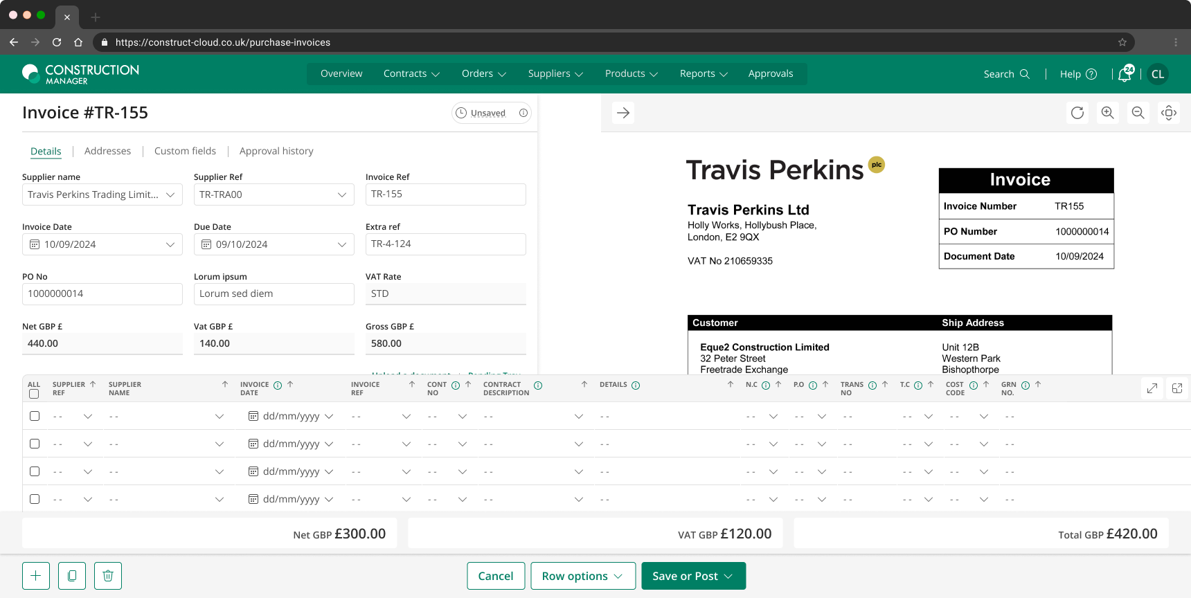 Construction Manager - batch invoicing landed in product, with PDF preview alongside line-item capture