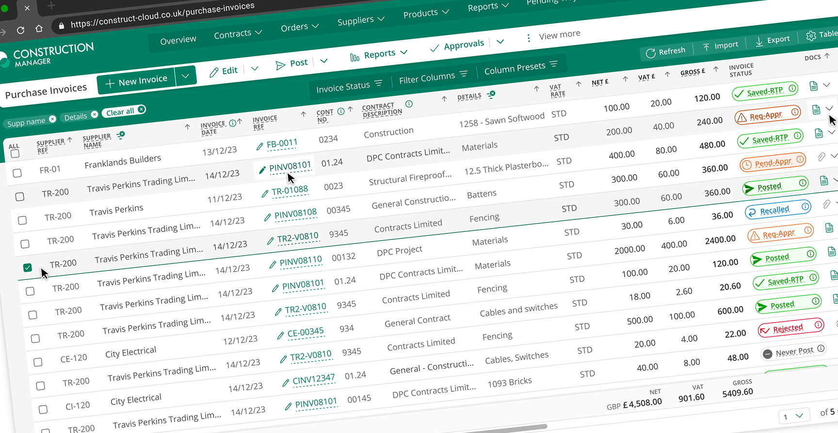 Construct Cloud - hero composition showing the redesigned finance interface at angle