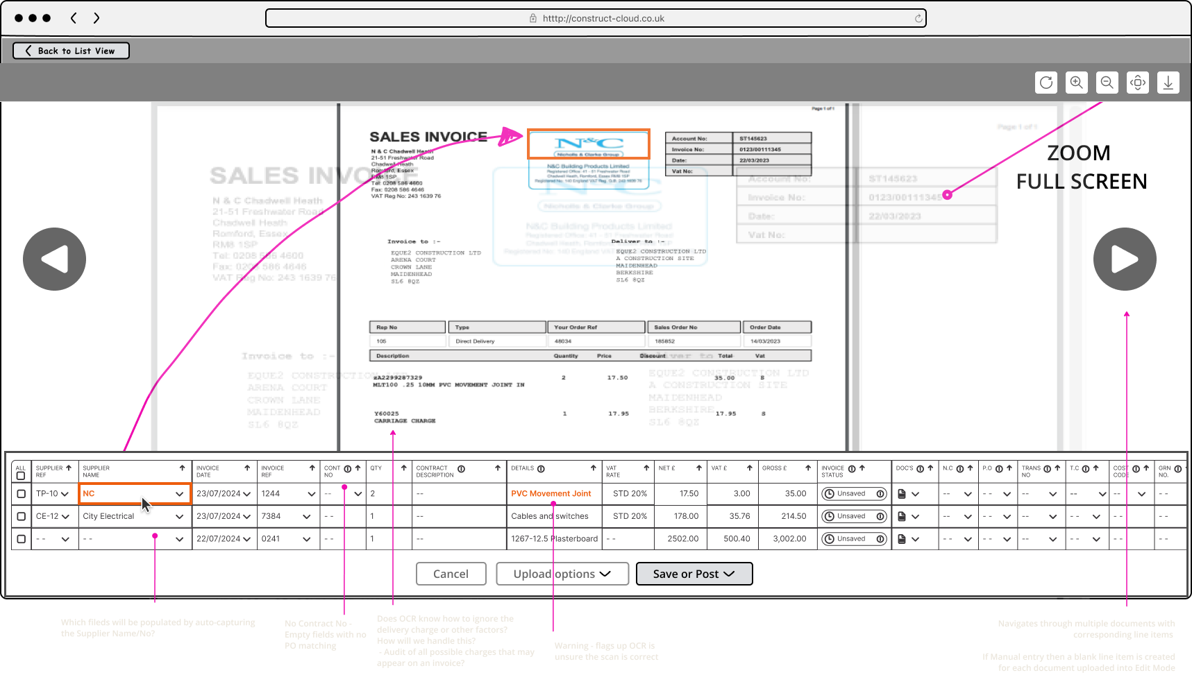 Prototype concept for batch invoice processing, annotated for the development team