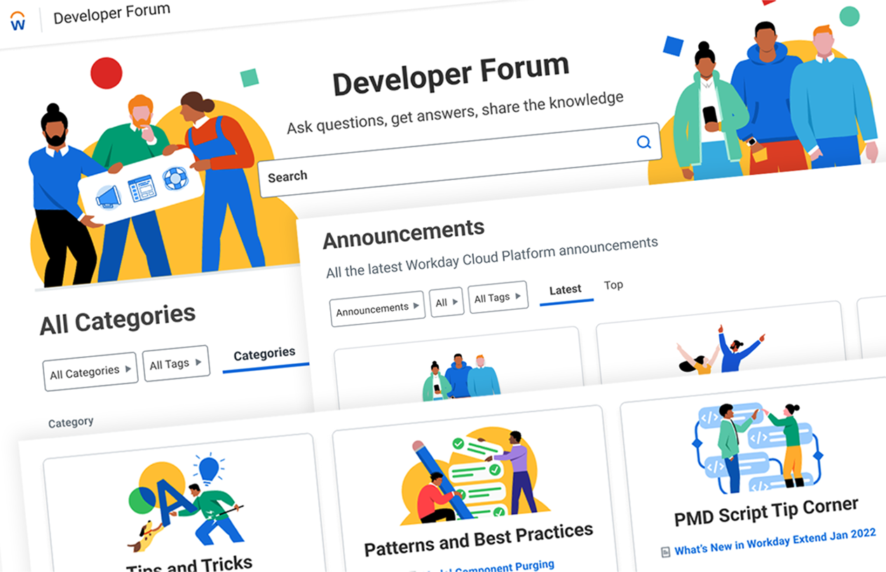 The redesigned Workday Developer Forum landing page - Canvas-aligned typography and illustration inside Discourse