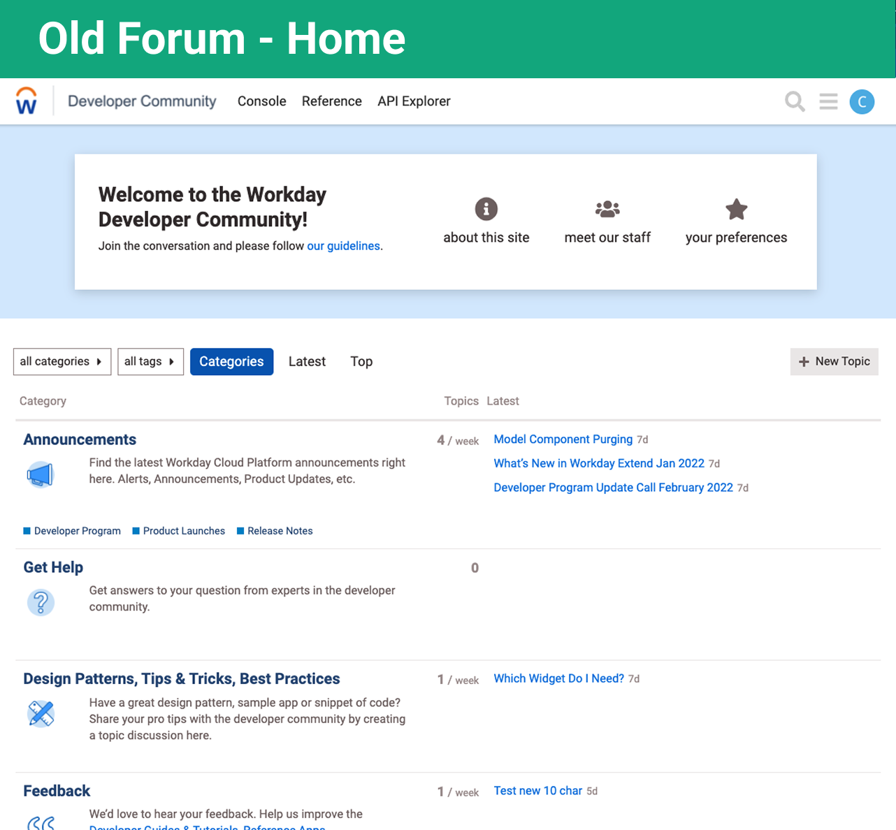 The Workday developer forum before redesign - default Discourse styling on a near-square canvas