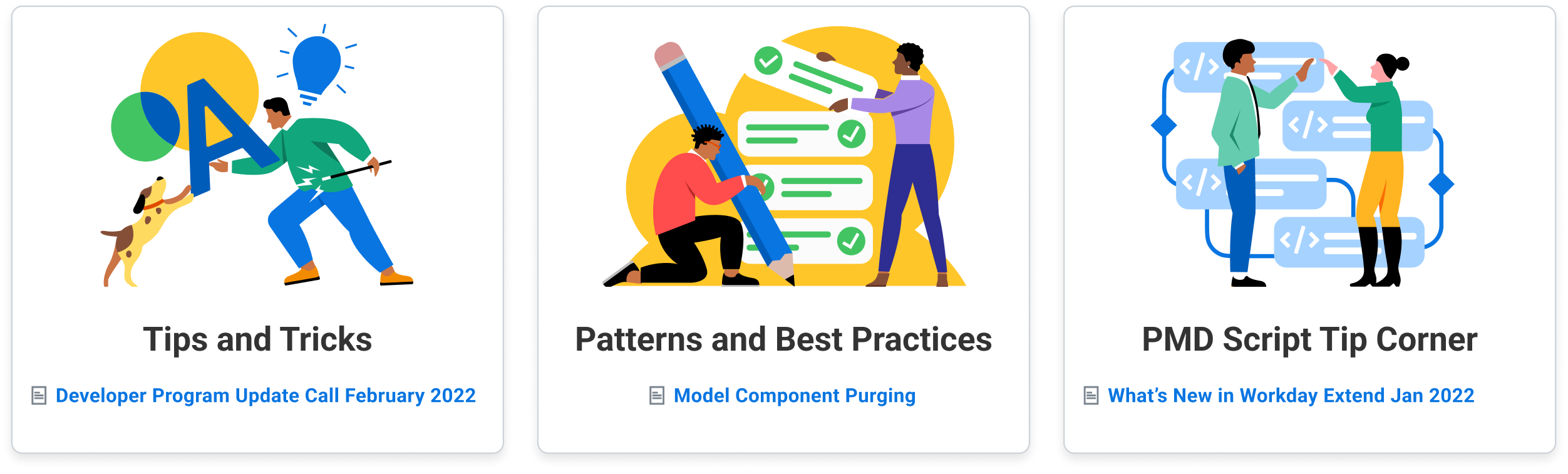 Three bespoke illustration cards for the forum - Tips and Tricks, Patterns and Best Practices, PMD Script Tip Corner
